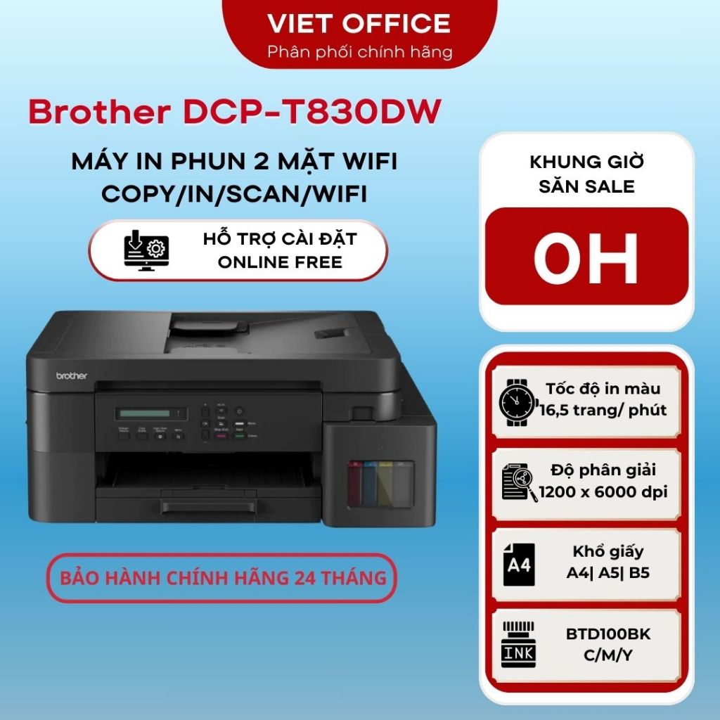 Máy in phun màu Brother DCP-T830DW (WiFi) - In màu đảo mặt, copy, scan - Chính hãng Brother