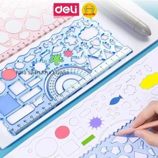 Combo 2 Thước Kẻ Nhựa Có Khuôn Mẫu Vẽ Thiết Kế Hình Học Deli VC118 Tiện Lợi Cho Vẽ Sáng Tạo