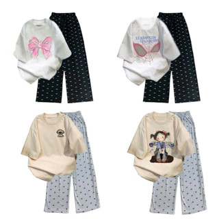  Sét bộ quần áo quần họa tiết NƠ thun  cotton + mix áo phông thủy thủ phối khăn xám —Quần áo Gơn Phố 