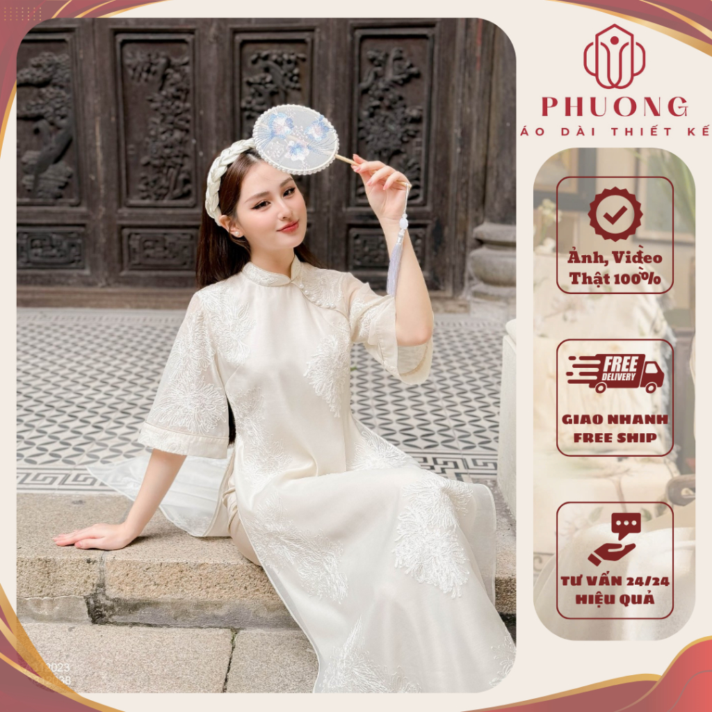 Áo Dài Cách Tân Lụa Tơ Thêu Hoa Quỳnh Cao Cấp Phương May Sẵn Áo 4 Tà Cổ Cao Kết Hạt Trai - ADCT15