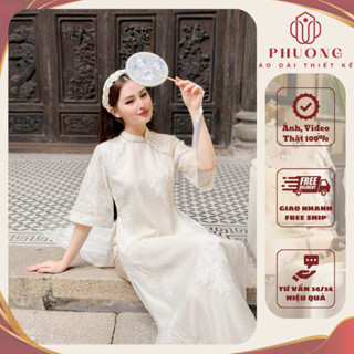 Áo Dài Cách Tân Lụa Tơ Thêu Hoa Quỳnh Cao Cấp Phương May Sẵn Áo 4 Tà Cổ Cao Kết Hạt Trai - ADCT15