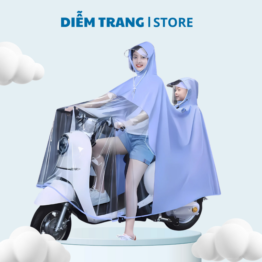 Áo mưa nửa trước trong suốt cho Mẹ và Bé Didooglt, che phủ toàn thân, kèm kính chắn mưa ( Hàng Dẹp )