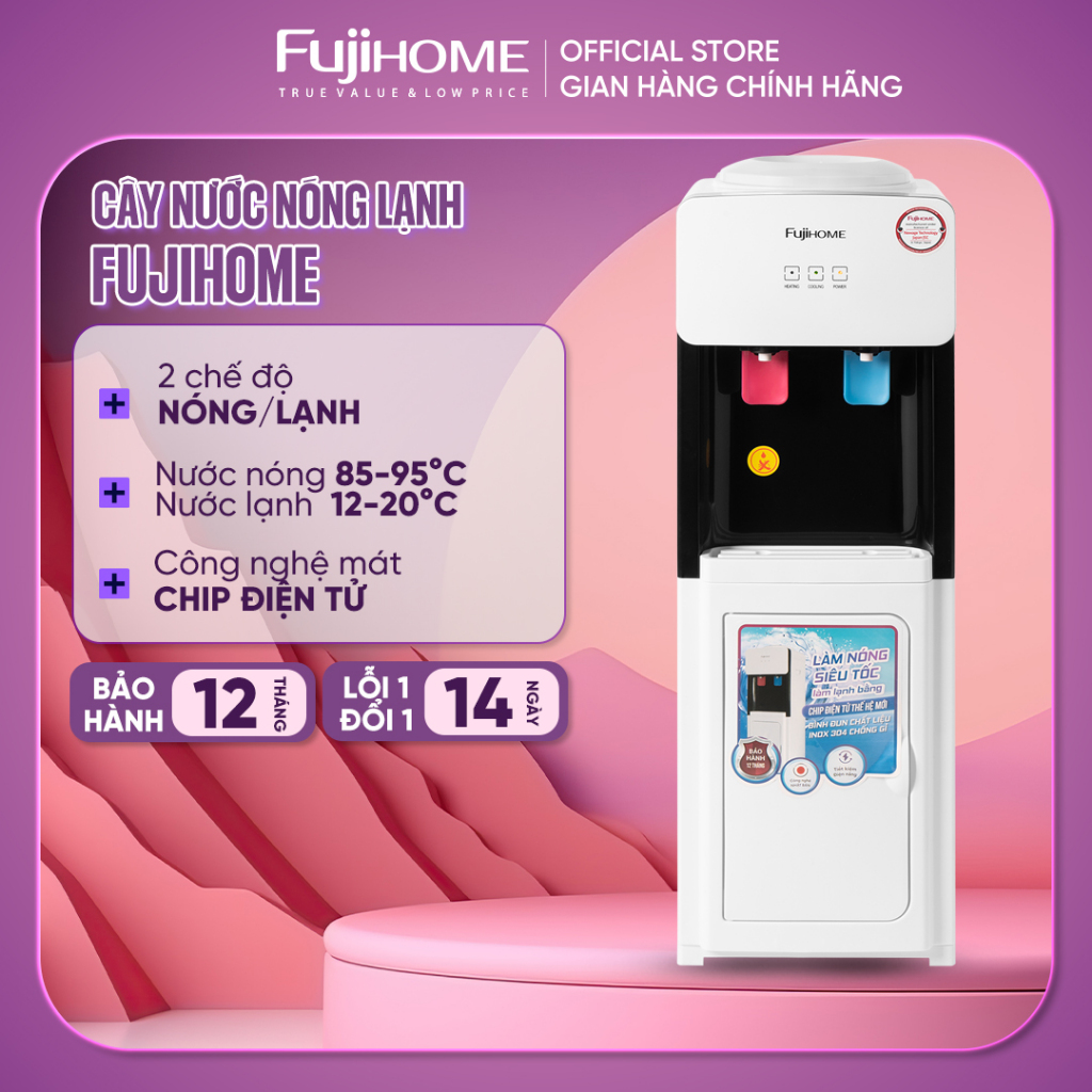 Cây nước nóng lạnh 2 vòi nhập khẩu FUJIHOME, máy uống nước nóng lạnh mini bình lọc tiết kiệm điện