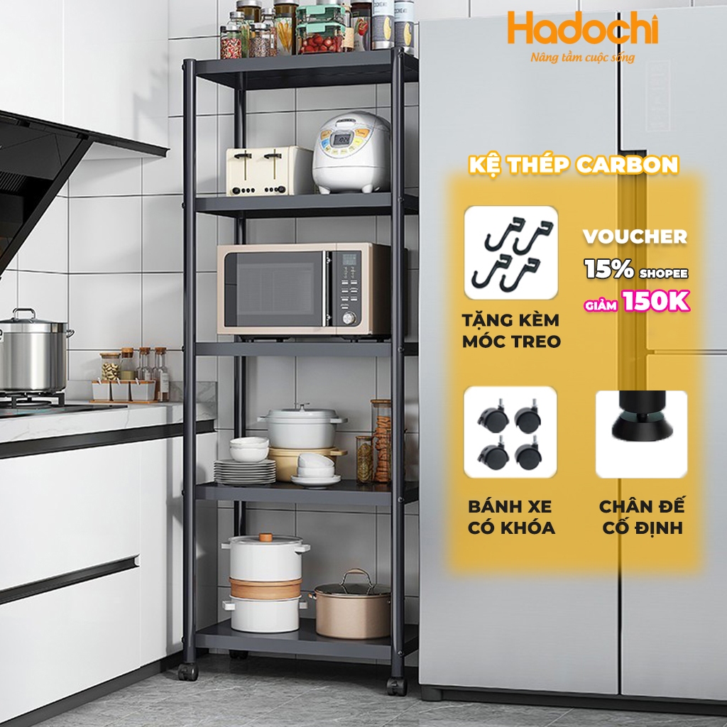 Kệ Để Đồ Nhà Bếp Đa Năng, Kệ Lò Vi Sóng Có Bánh Xe, Kệ Thép Carbon HADOCHI Sơn Đen Tĩnh Điện
