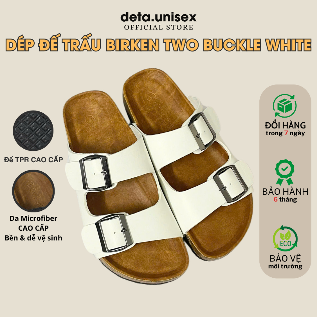 [HCM] Dép đế trấu Birken TWO BUCKLE 2 khóa chính hãng Detaunisex - DETA21TPR Trắng