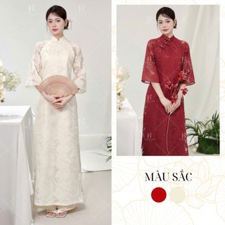 Áo Dài Cách Tân Chất Liệu Tơ Nến In Vân Hoa Thiết Kế Đính Kết Nơ Thủ Công [tặng kèm quần]