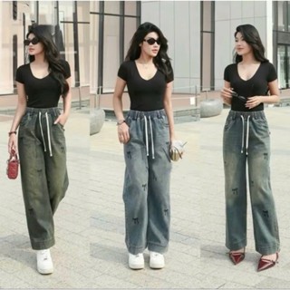 Quần Jean Nữ Ống Rộng Dáng Lỡ, Thêu Nơ Dễ Thương, Tôn Dáng Cho Các Nàng Nấm Lùn