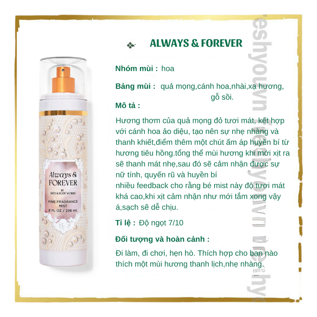 Always & Forever  -FULL-  Xịt thơm toàn thân body mist Bath & Body Works khác  - fresh you