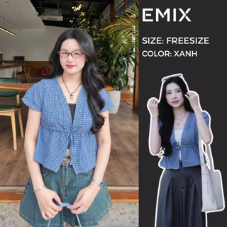 Áo kiểu cổ V kẻ caro kiểu dáng buộc nơ rút eo kèm quây EMIX A2586