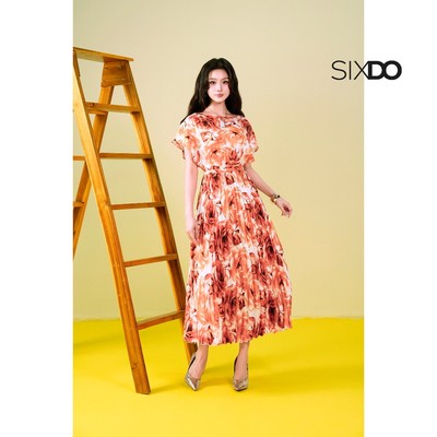 Đầm lụa dập ly họa tiết hoa SIXDO (Orange Rose Silk Flared Dress)