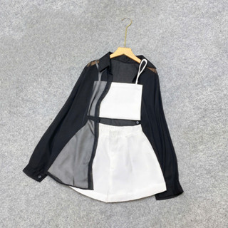  Set Đồ Đi Biển Bigsize Nữ 3 Móm Áo Sơ Mi Voan Kèm Áo 2 Dây Quần Đùi Big Size Vải Fos SET967 