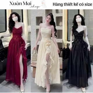 Đầm váy nữ sang chảnh 2 dây maxi dáng dài tiểu thư voan tơ phối ren xẻ tà màu đỏ đen kem dự tiệc đi biển