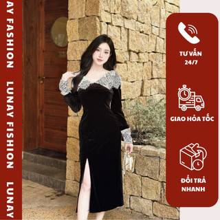 Đầm body nhung LUNAY dáng cổ ren dài tay xẻ đùi kiểu nữ phong cách [V261]