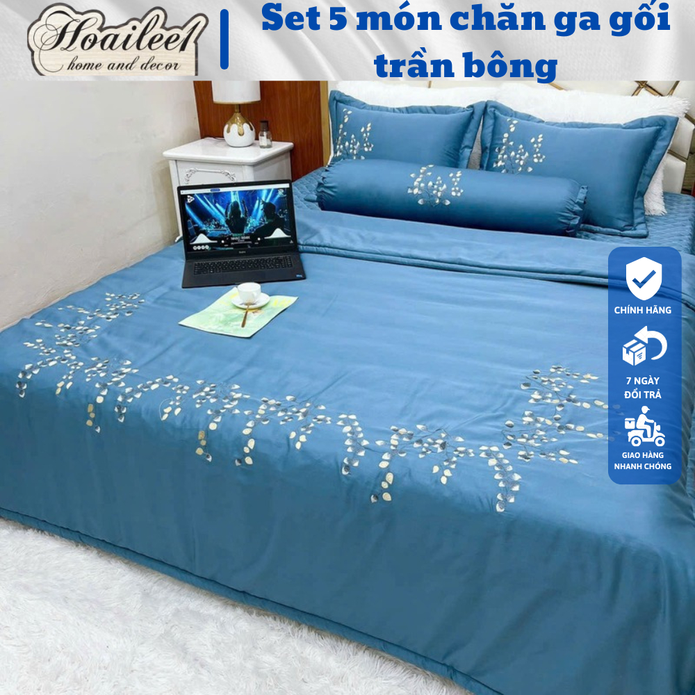 Bộ chăn ga gối phi lụa phủ trần bông, set 5 món chăn ga gối phủ trần bông dày dặn hàng loại 1 đủ kíc