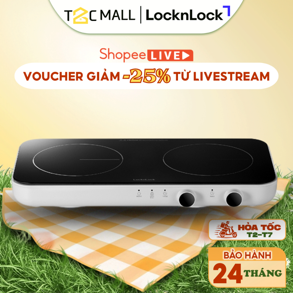 Bếp Điện Từ Đôi LocknLock Square Double Induction- Mặt pha lê kèm tấm bảo vệ, màu trắng EJI326WHT- T