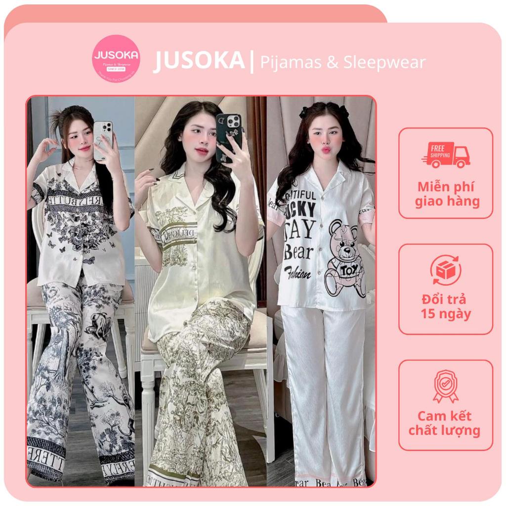 [TỔNG HỢP MẪU] Bộ pijama JUSOKA in họa tiết 3D dễ thương lụa gấm xước ánh kim áo cộc quần dài