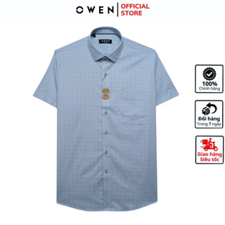Áo sơ mi ngắn tay nam OWEN AR250032NT somi công sở cao cấp vải sợi tre màu xanh chấm bi dáng suông tà lượn có túi
