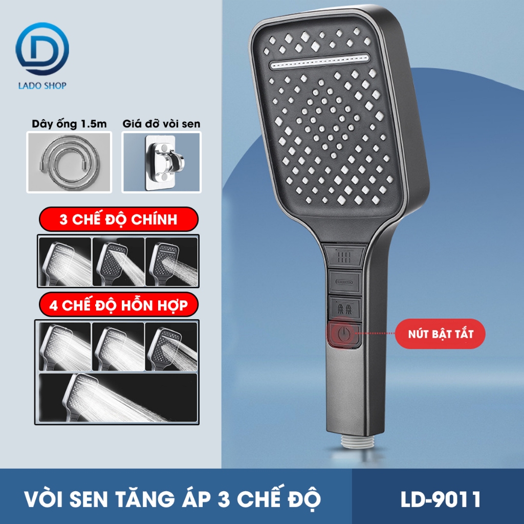 Vòi sen tăng áp bản to hiện đại 3 chế độ LD-9011, lưu lượng nước lớn và chế độ nút bấm dễ sử dụng