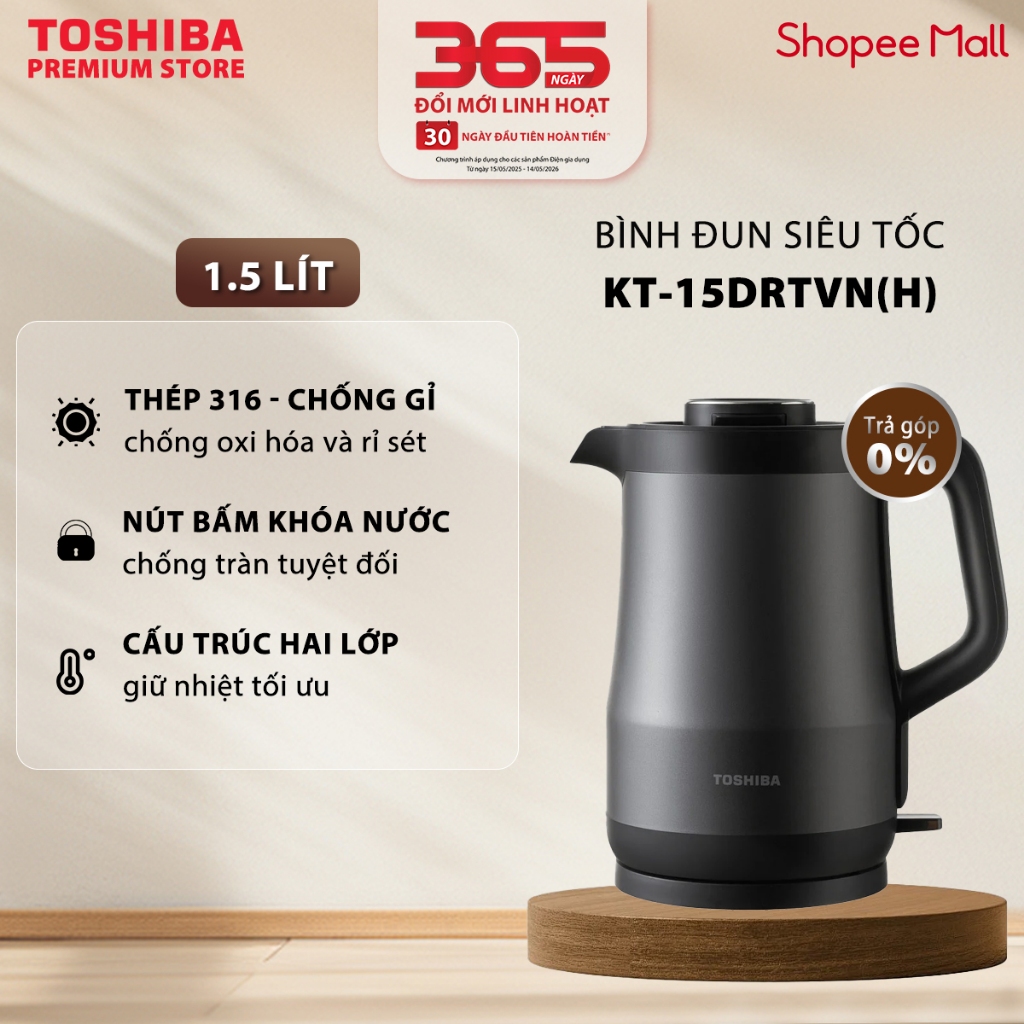 Bình Đun Siêu Tốc Chống Tràn Toshiba KT-15DRTV(W/H) - Màu Trắng / Đen - Chính Hãng | BigBuy360 - bigbuy360.vn
