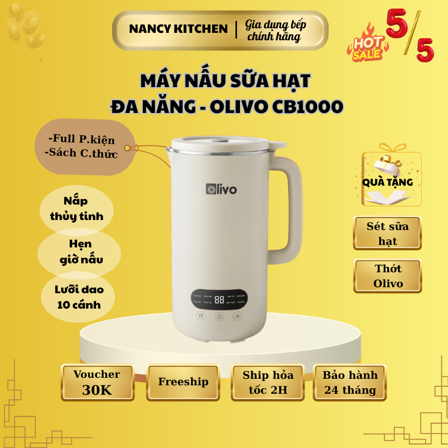 Máy Xay Nấu Đa Năng OLIVO CB1000 - Thể Tích 1L, Nắp INOX = Kính Cường Lực, CS 880W, 9 chế độ
