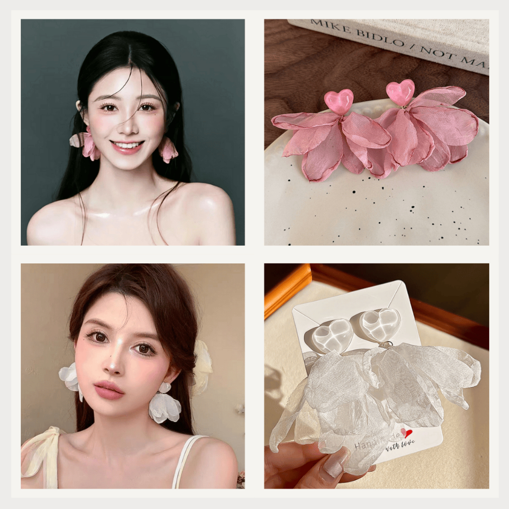 Bông Tai Trái Tim KL.STUDIO Dáng Thả Cánh Hoa Voan Tiểu Thư, Khuyên Tai Cánh Hoa Màu Hồng Ngọt Ngào - E292