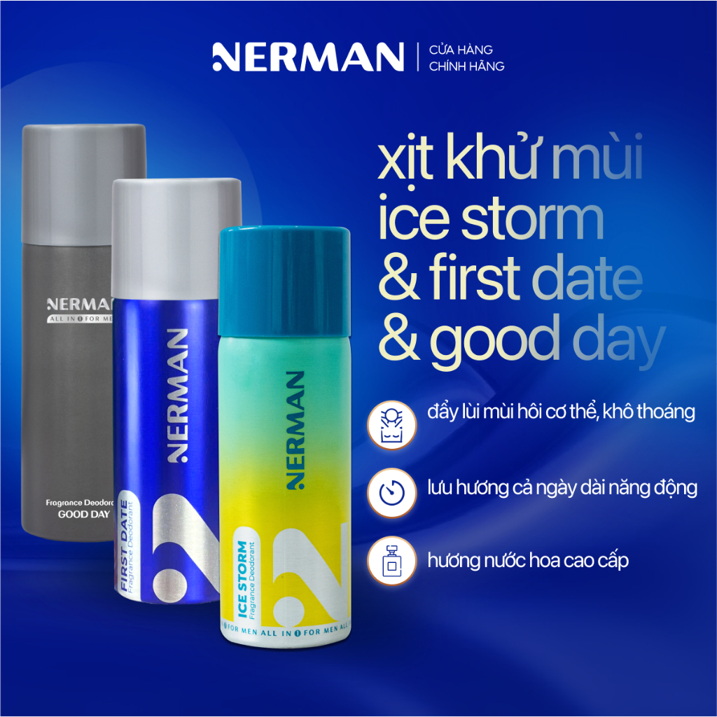 Xịt khử mùi nam giới hương nước hoa Good Day, First Date, Ice Storm Nerman 100ml
