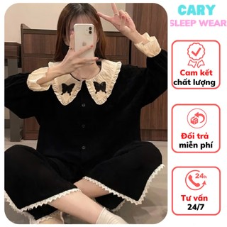  Đồ bộ mặc nhà nữ cực xinh tay dài quần dài xẻ phối ren chất đũi gân set đồ bộ tay dài nữ cổ bèo đính hình bướm CARY 