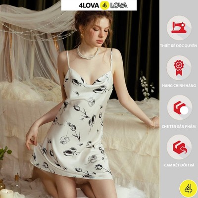 Váy Ngủ Lụa 2 Dây, Đầm Ngủ Lụa Cao Cấp 4LOVA Kiểu Dáng Cổ Đổ Họa Tiết 3D Hoa Hồng Đen Chất Lụa Latin
