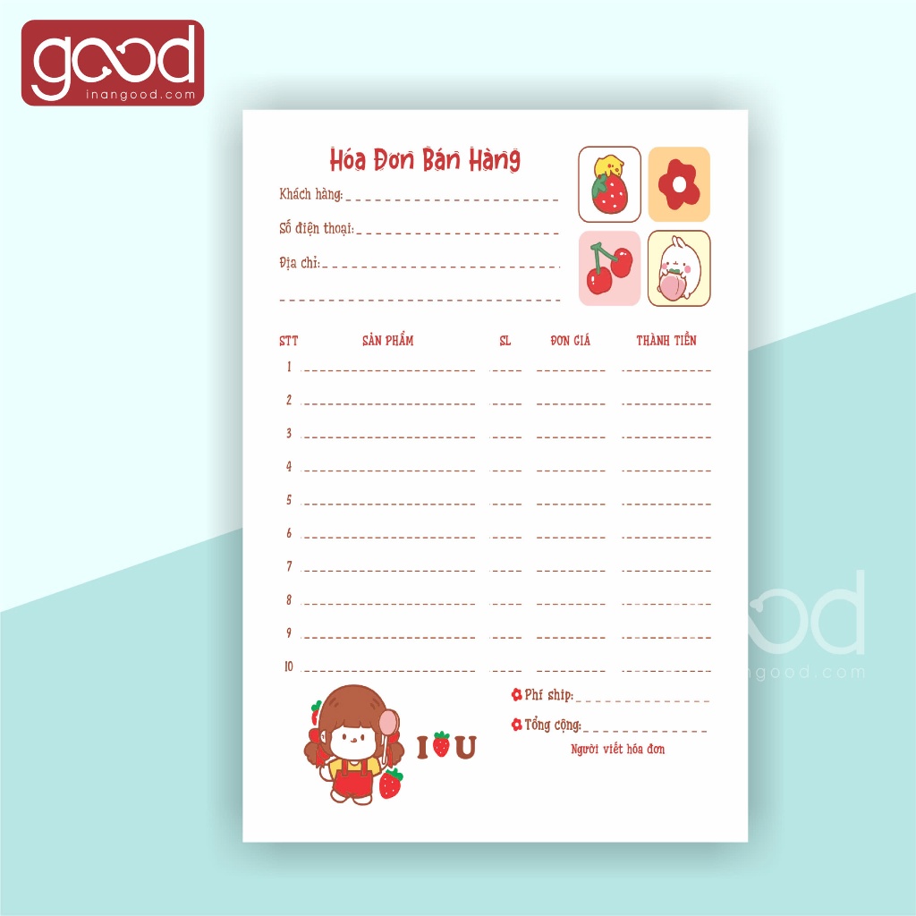 100 Tờ hóa đơn bán hàng nhiều mẫu cute A5 A6, in nhanh trong ngày giấy dày đẹp free thiết kế cho sho