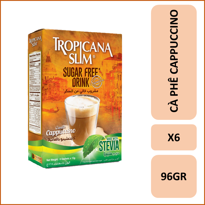Combo 6 hộp Cà phê hòa tan Tropicana Slim Cappuccino với chiết xuất cỏ ngọt 96g