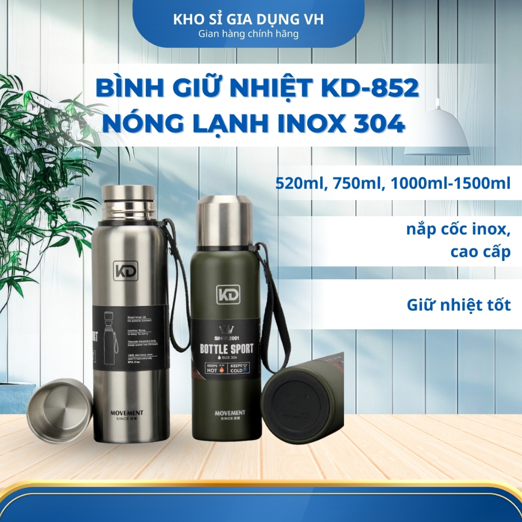 Bình giữ nhiệt KD-852 nóng lạnh inox 304 dung tích 520ml, 750ml, 1000ml-1500ml nắp cốc inox, cao cấp