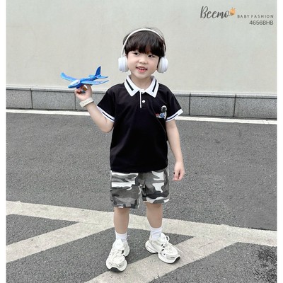 Set polo cộc tay phối cổ Beemo in phi hành gia vải thun thoáng mát cho bé trai từ 9-24kg 4656BHB