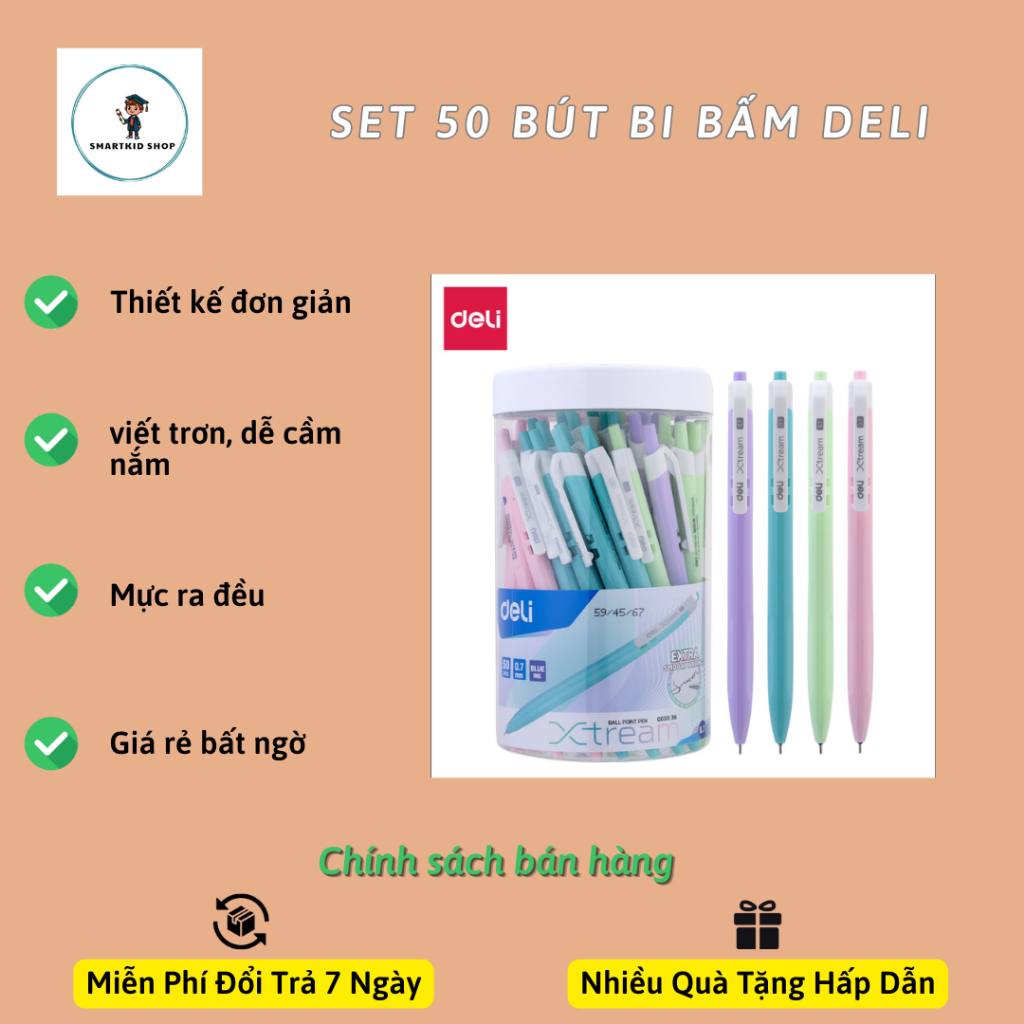 Hộp 50 chiếc bút bi Deli mực xanh, Hàng chính hãng.