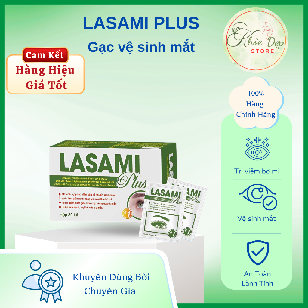 Gạc Lau Mi Mắt LASAMI PLUS Giúp Vệ Sinh Bờ Mi, Làm Sạch và Loại Bỏ Bụi Bẩn hộp 30 miếng