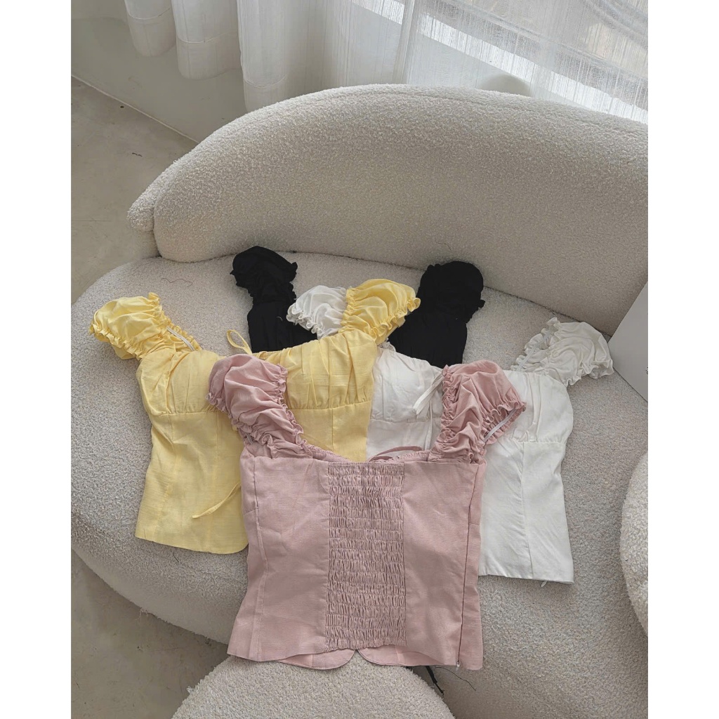 KATIE TOP -  Áo croptop tay con nhún chất linen ướt, phía sau có chun co dãn size SML | BigBuy360 - bigbuy360.vn