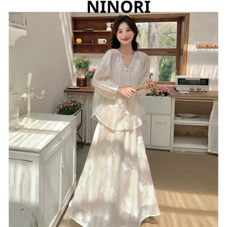   NINORI  Set 3 Món Nữ Áo Hai Dây + Áo Voan Tay Dài + Chân Váy Dài Hoa Quỳnh – Phong Cách Tiểu Thư Vintage Nhẹ Nhàng 