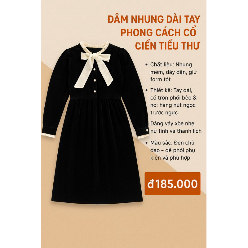 🌸 ĐẦM NHUNG DÀI TAY PHONG CÁCH CỔ ĐIỂN TIỂU THƯ 🌸