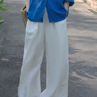   HÀNG CÓ SẴN  Quần dài trắng ống suông rộng thiết kế mùa hè 2 lớp LAZY PANTS cạp chun chất linen ít nhăn 