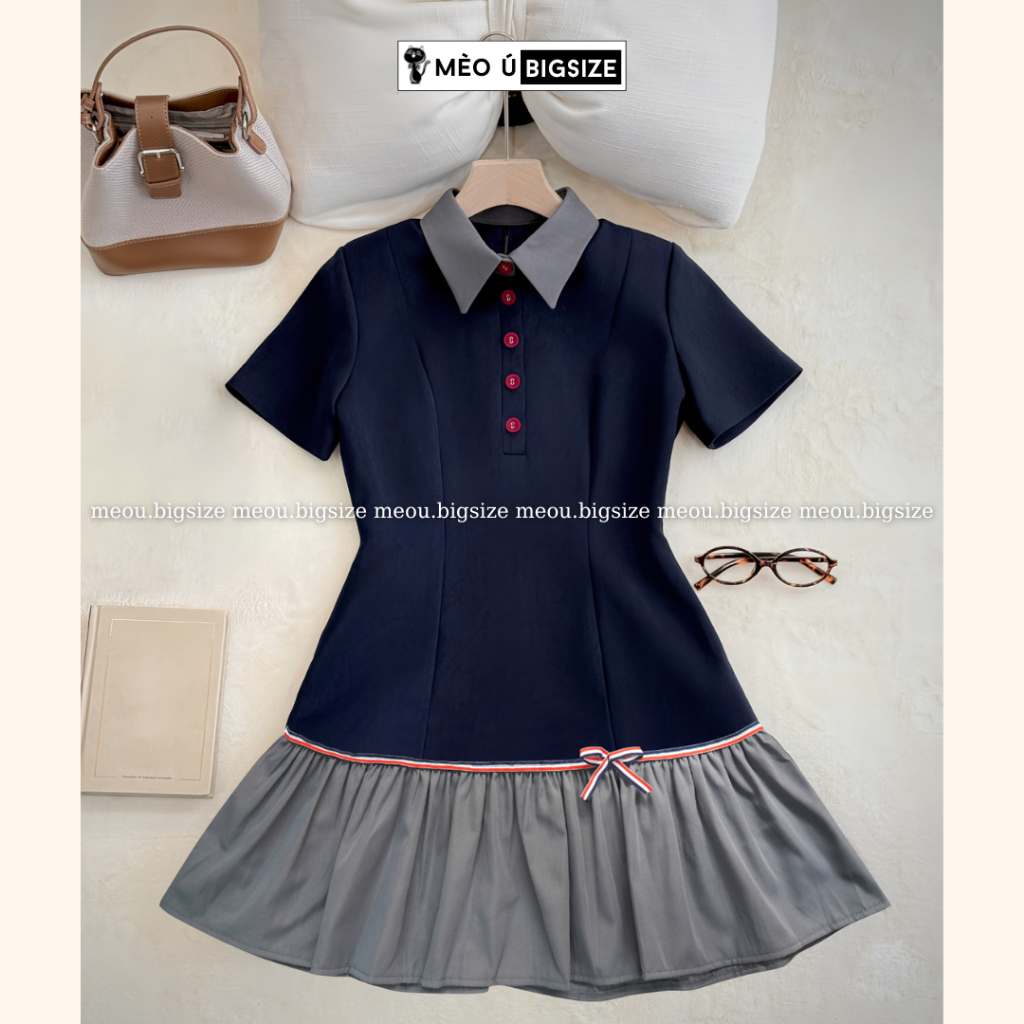 Đầm thiết kế BIGSIZE Mèo Ú váy cổ sơ mi cộc tay cúc đỏ đuôi váy xoè đính nơ tiểu thư 5340 | BigBuy360 - bigbuy360.vn
