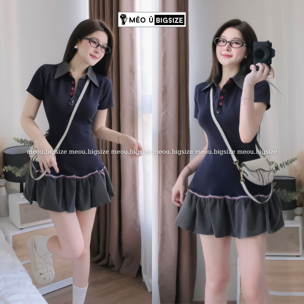 Đầm thiết kế BIGSIZE Mèo Ú váy cổ sơ mi cộc tay cúc đỏ đuôi váy xoè đính nơ tiểu thư 5340 | BigBuy360 - bigbuy360.vn