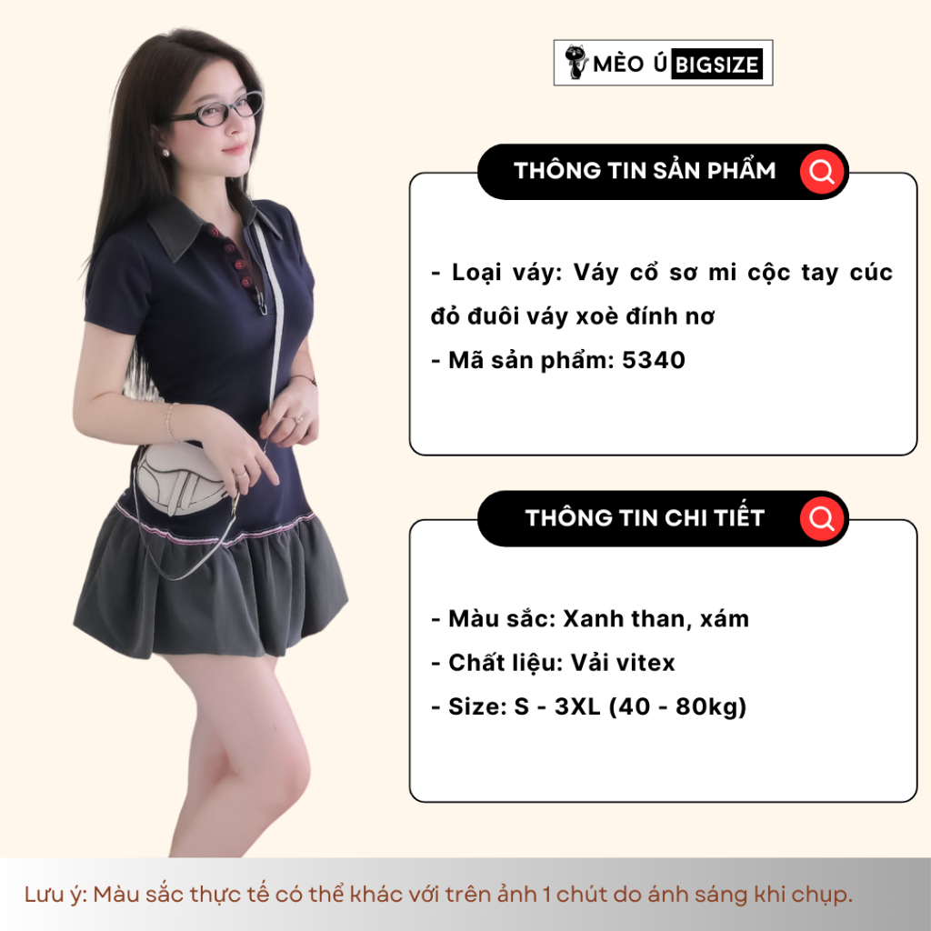 Đầm thiết kế BIGSIZE Mèo Ú váy cổ sơ mi cộc tay cúc đỏ đuôi váy xoè đính nơ tiểu thư 5340 | BigBuy360 - bigbuy360.vn