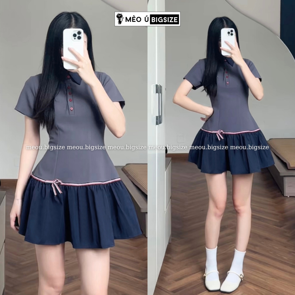 Đầm thiết kế BIGSIZE Mèo Ú váy cổ sơ mi cộc tay cúc đỏ đuôi váy xoè đính nơ tiểu thư 5340 | BigBuy360 - bigbuy360.vn