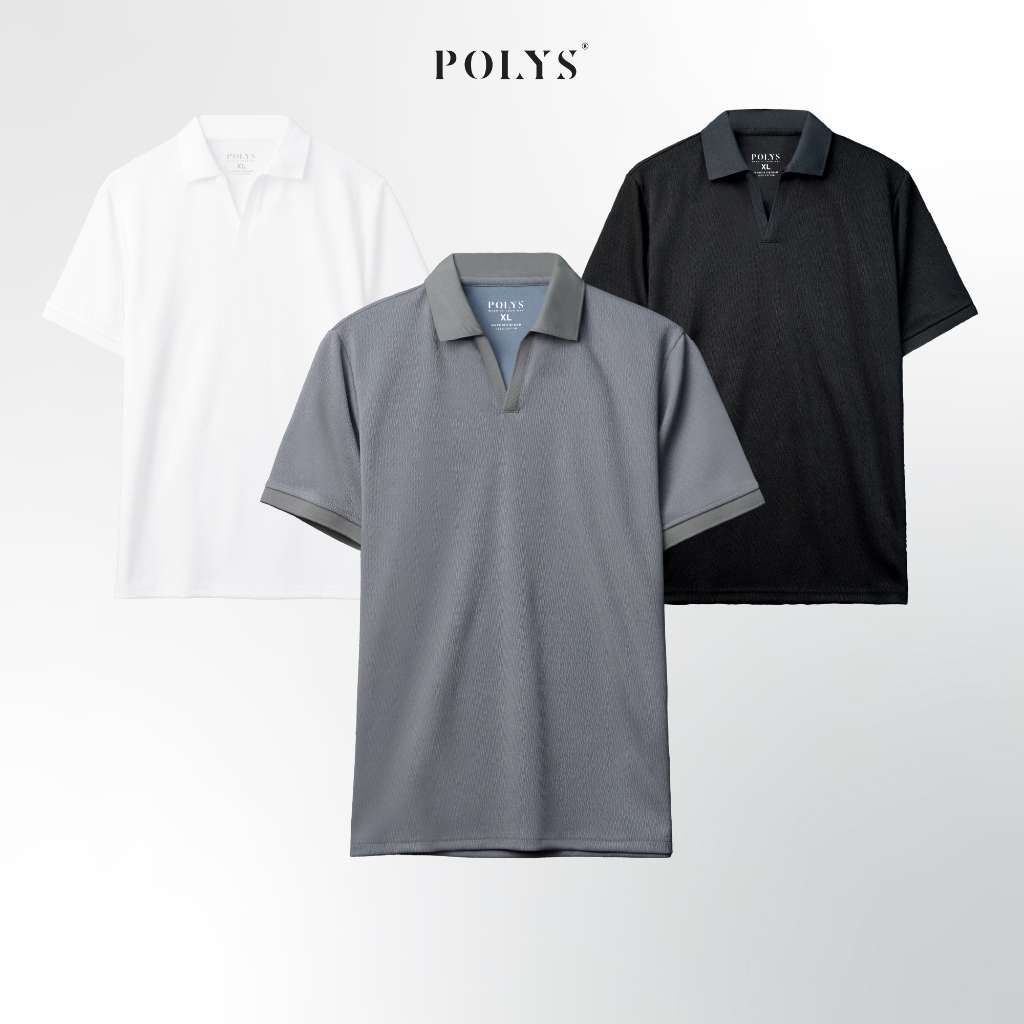 Áo polo nam cổ V trẻ trung POLYS, Chất vải thun nổi vân mềm mịn co giãn 4 chiều, Áo polo V-ELITE