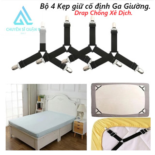 Bộ 4 Kẹp giữ cố định Ga Giường Drap Chống Xê Dịch, Kẹp góc 3 chấu có đệm nhựa an toàn, Kẹp drap 4góc