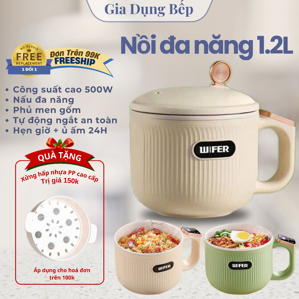 Nồi cơm điện mini 1.2L công suất 500W cảm ứng 4 chức năng nấu mì, lẩu, cơm, chiên, hầm, nồi điện đa năng hẹn giờ nấu