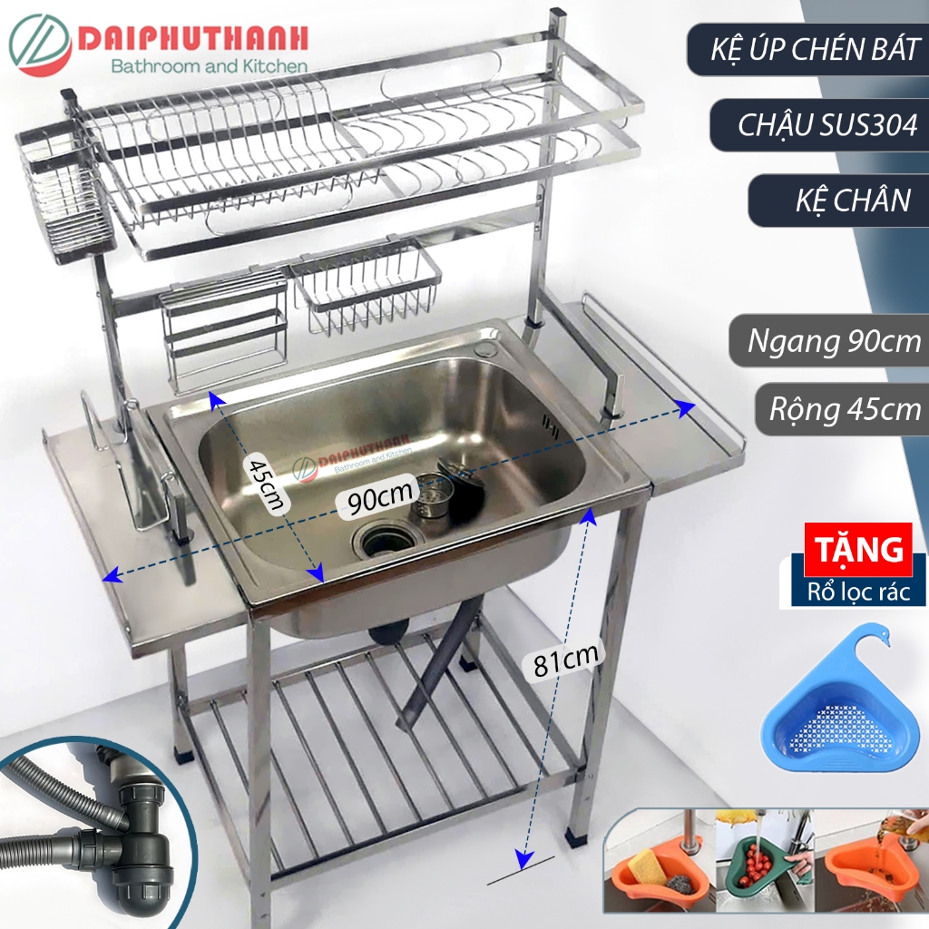 COMBO Chậu Rửa Bát Có Chân Kèm Kệ Úp Chén Đa Năng Dài 90cm x Rộng 45cm x Cao 133cm - Chậu 1 hố, kệ chén 1 tầng, vòi inox