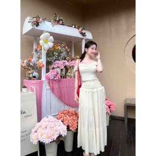 SET MÙA HÈ ÁO BODY CROPTOP KEM XOĂN NGỰC TRỄ VAI BÈO + CHÂN VÁY MIDI MOCKING CHUN BÈO EO RÚT DÂY THẮT NƠ (TH)