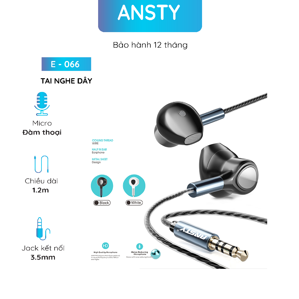 Tai Nghe Nhét Tai Có Dây Ansty E-066 Jack 3.5mm Tích Hợp Mic Đàm Thoại Âm Bass Hay Dây 1.2m