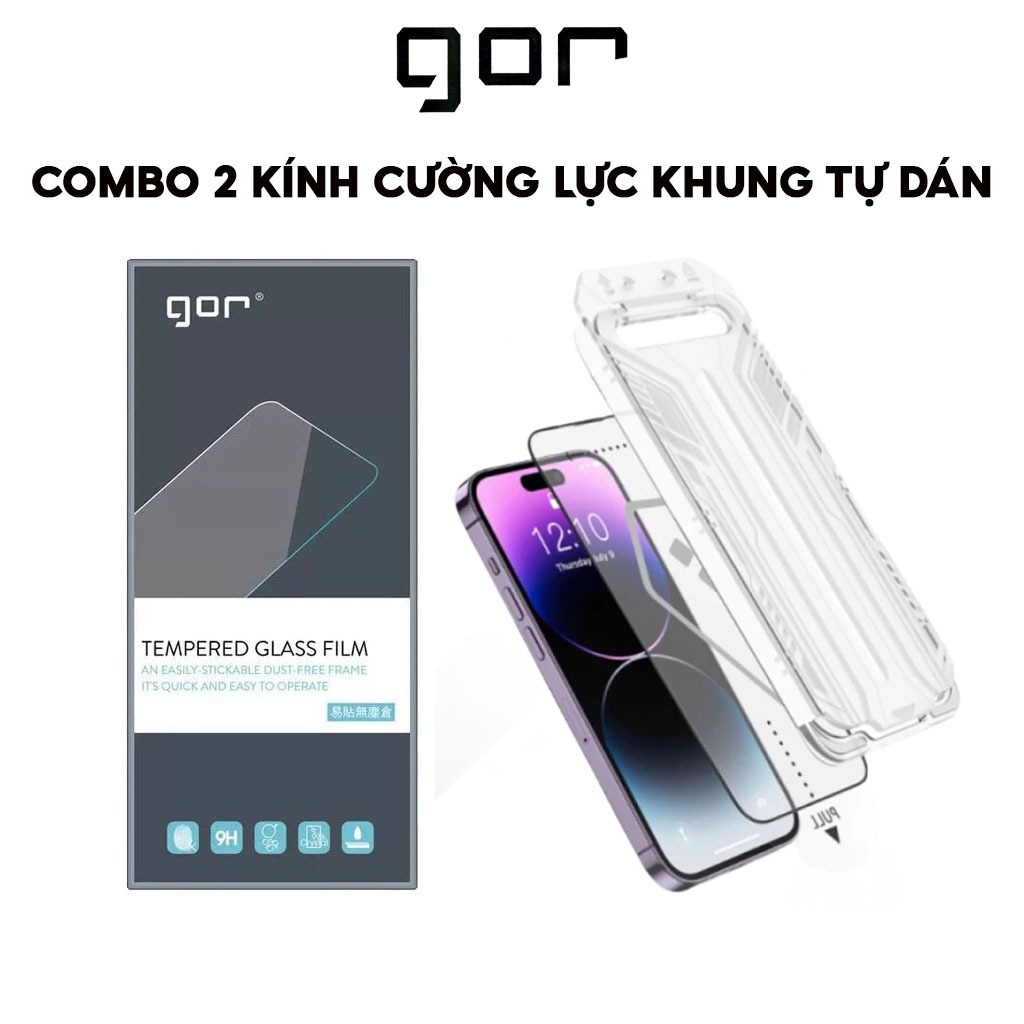  Kính Cường Lực Khung Tự Dán Full Màn Hình Chính Hãng GOR Cho Máy 12-13-14-15-16-Pro-Promax-FULL Box 2 Kính 