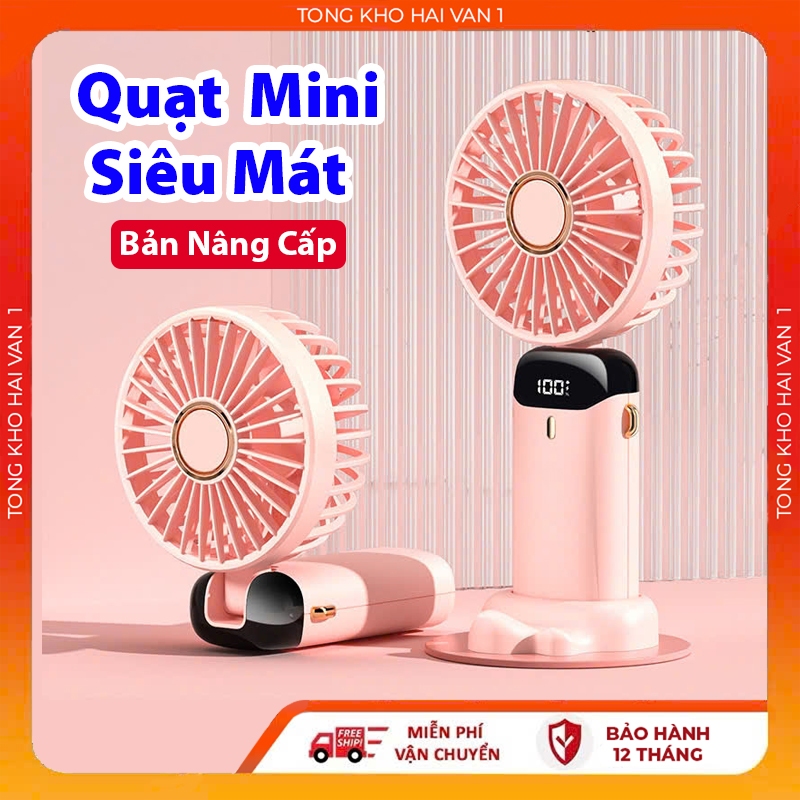 Quạt Cầm Tay Tích Điện Dung Lượng Pin Khủng, 5 cấp độ gió, màn hình Led Thông Minh Bảo Hành 12 Tháng